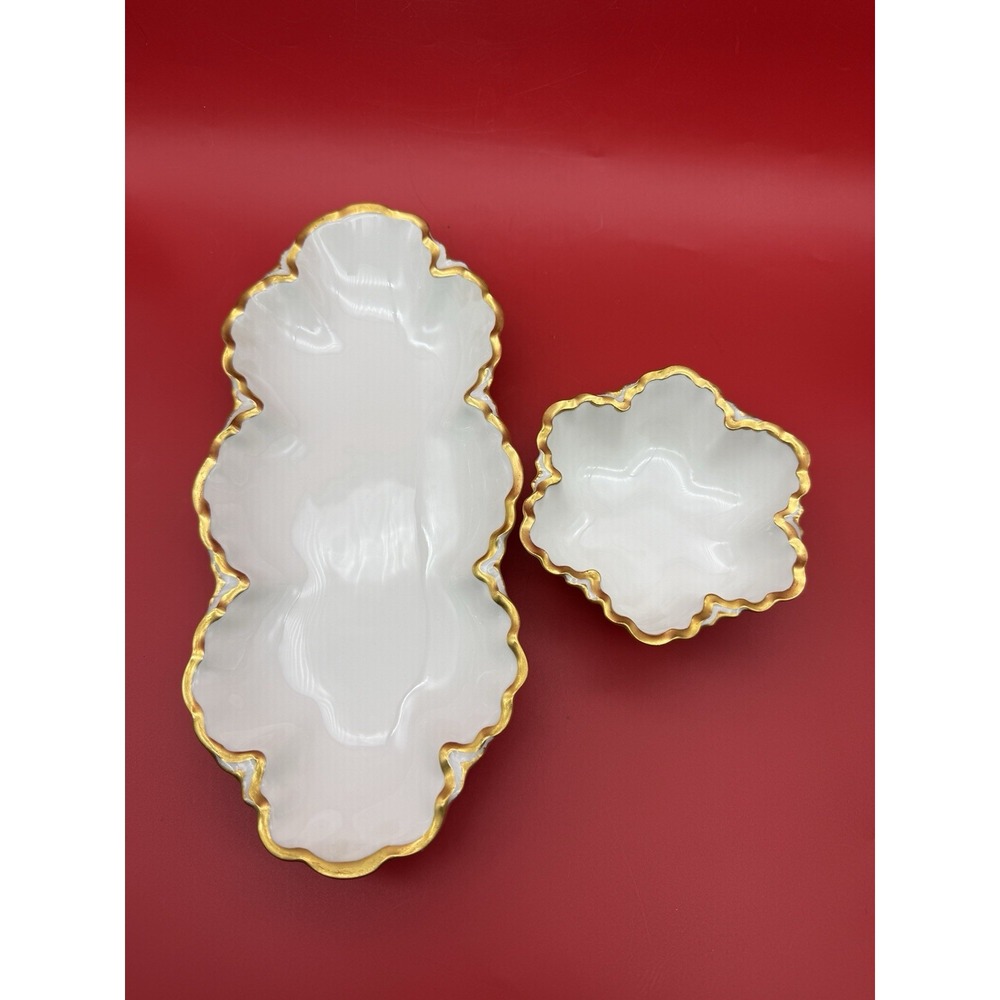 Antique Haviland Limoges Ranson Gold & White Celery Dishes Scalloped Edge - Picture 1 of 8